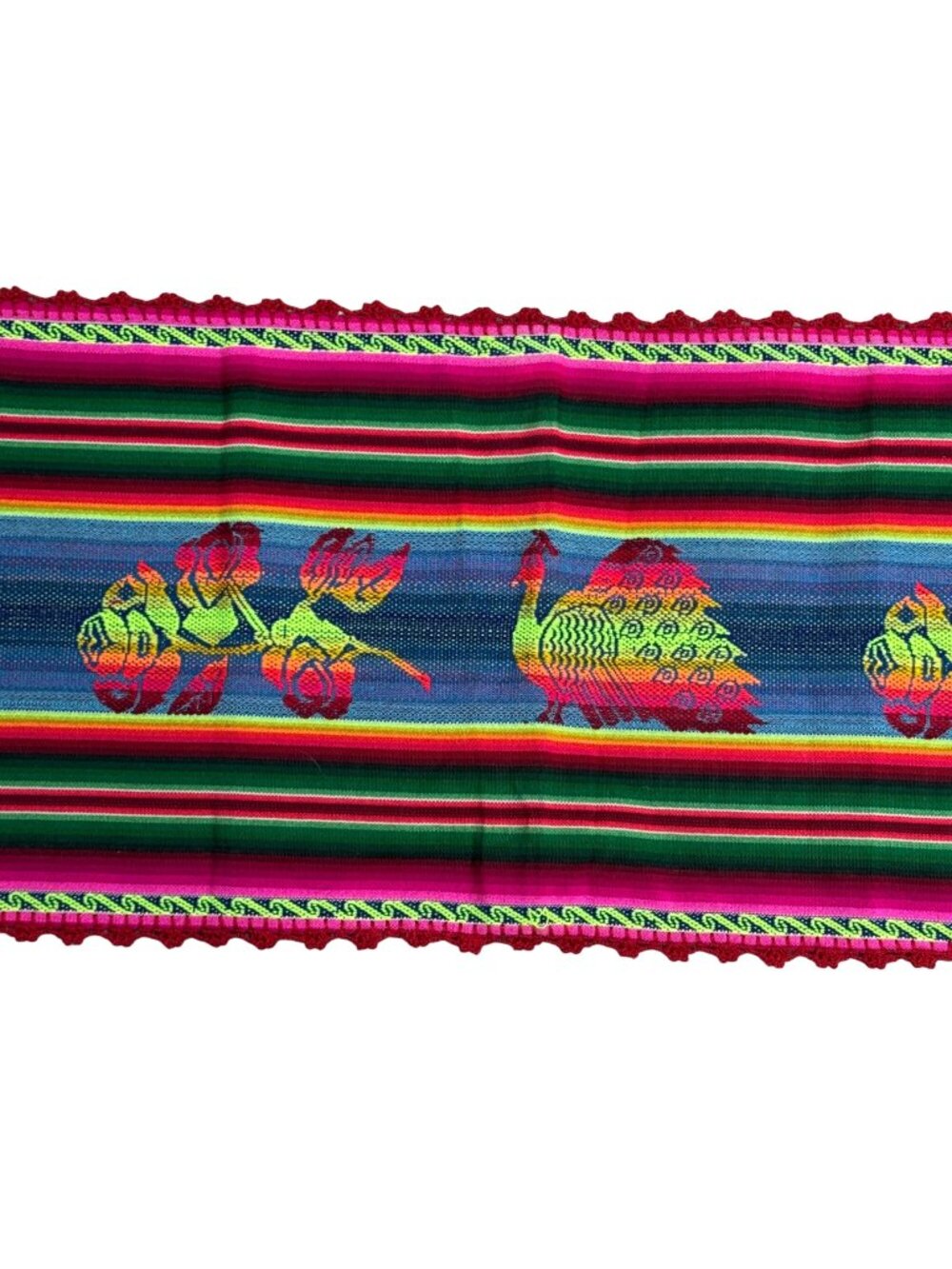 Mexican Table Runner Woven Peacock Rose Design Vibrant Multicolor Stripes 53x13